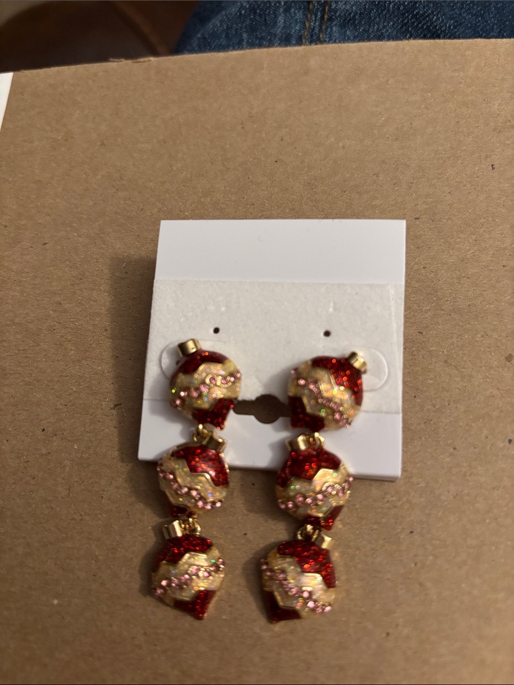 Red and Gold Drop Earrings with Pink Accents. 2”